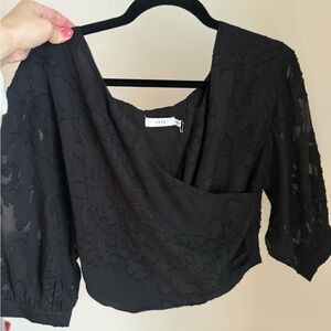 Lush Black Sheer Floral-Texture Wrap Blouse